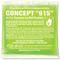 Ice melt Removal Concept “915” removes ice-melt residue from carpets and  floors. Powerful chelating agents chemically suspend the salt and  chloride residues in the mop solution or carpet extractor so that they  do not redeposit in an unsightly white crust or film. Concept “915” saves labor by eliminating excessive floor rinsing